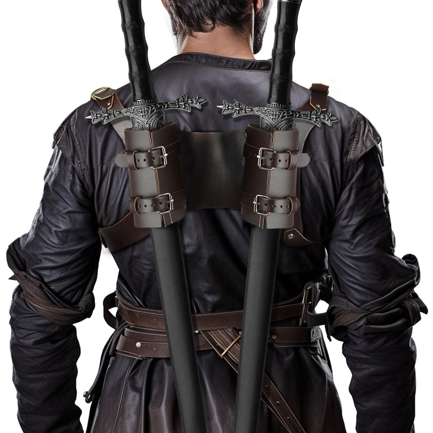 HOMELEX Medieval Leather Double Word Frog Renaissance Warrior Costume Holster Accessory - HOMELEX