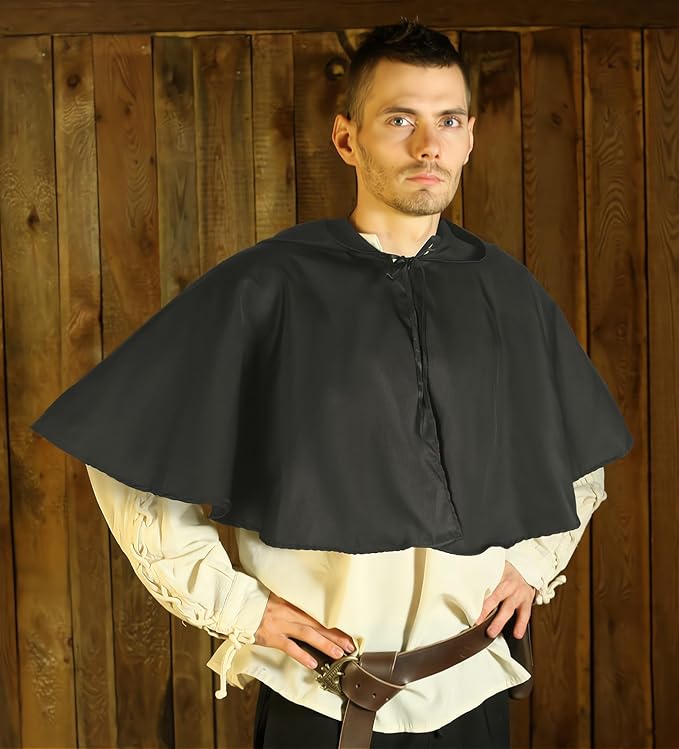 HOMELEX Black Cloak with Hood - Medieval Hooded Cape Renaissance Grim Cowl Halloween Costume for Adult