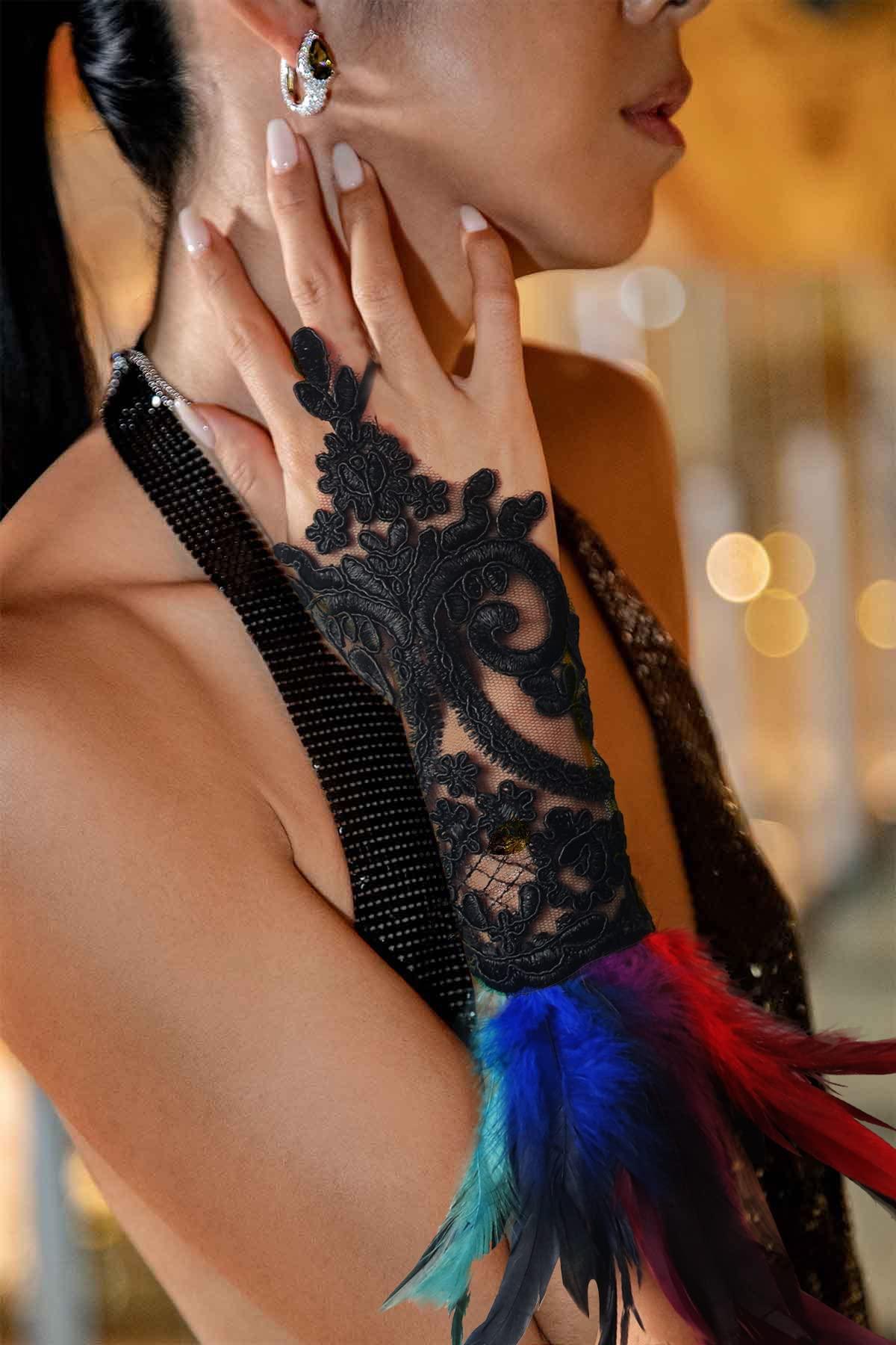 HOMELEX Women Black Lace Feather Gloves Witch Angel Costume Accessories Swan Wings Wrist Bands - HOMELEX