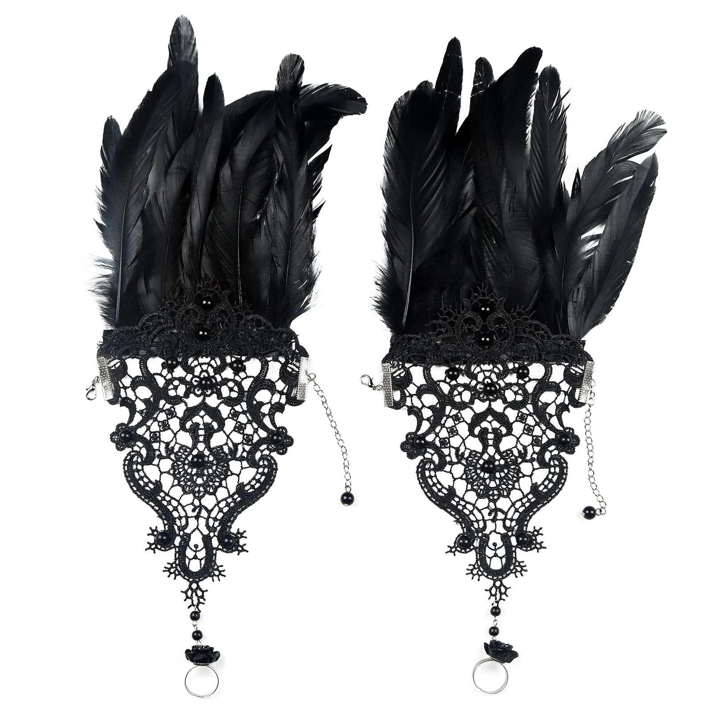 HOMELEX Women Black Lace Feather Gloves Witch Angel Costume Accessories Swan Wings Wrist Bands - HOMELEX