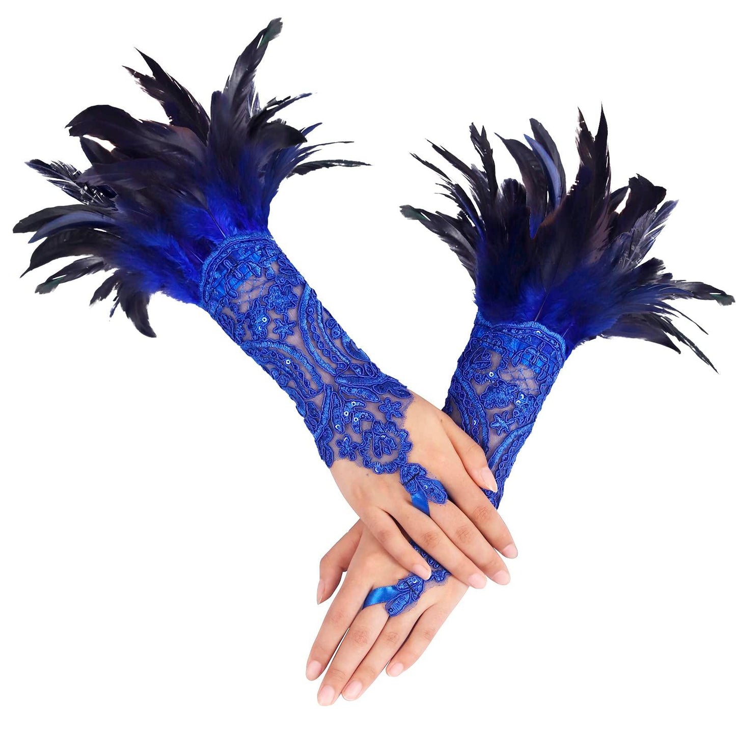HOMELEX Women Black Lace Feather Gloves Witch Angel Costume Accessories Swan Wings Wrist Bands - HOMELEX