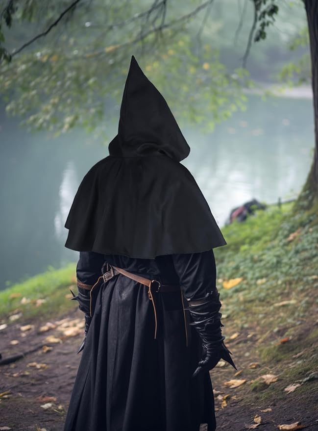 HOMELEX Black Cloak with Hood - Medieval Hooded Cape Renaissance Grim Cowl Halloween Costume for Adult