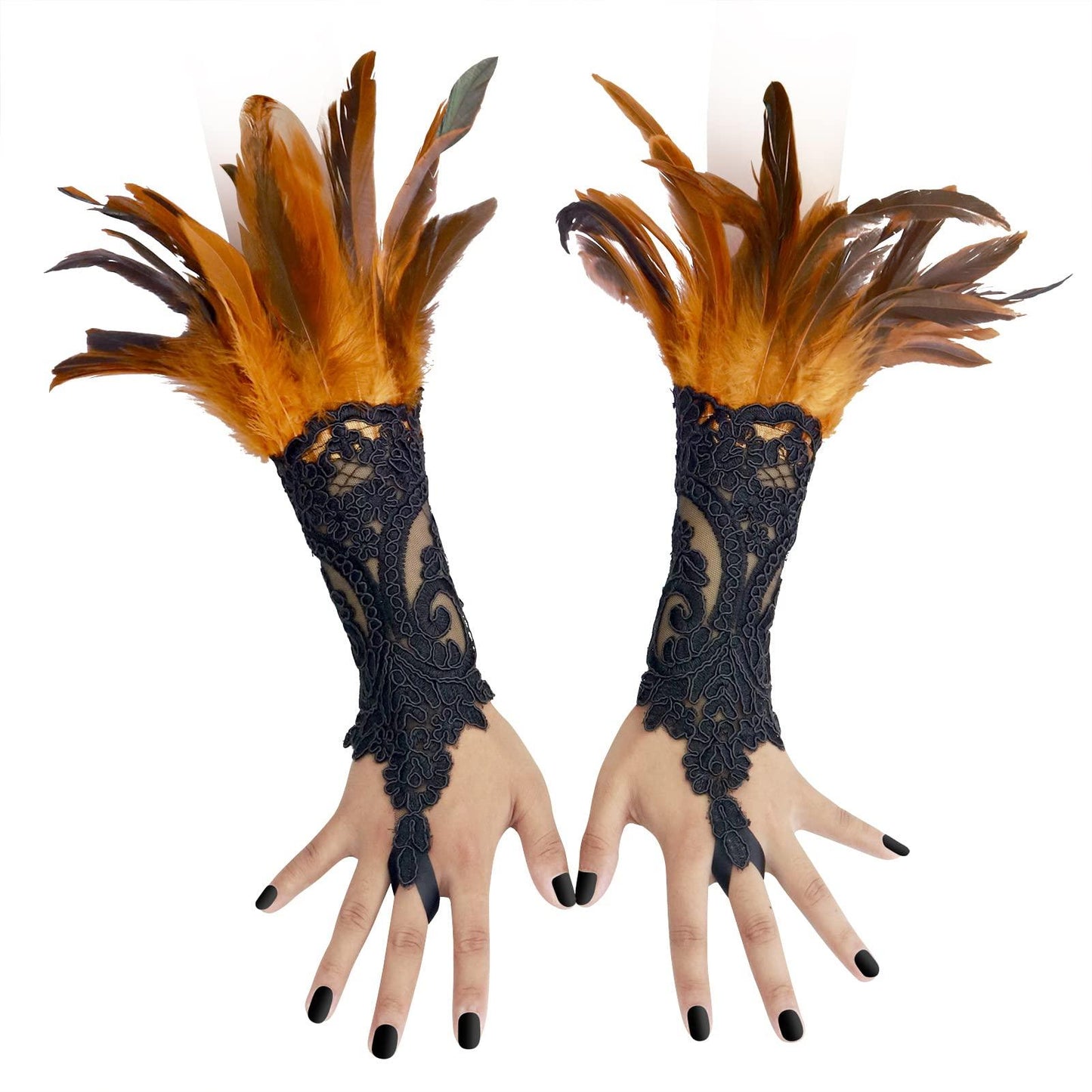 HOMELEX Women Black Lace Feather Gloves Witch Angel Costume Accessories Swan Wings Wrist Bands - HOMELEX
