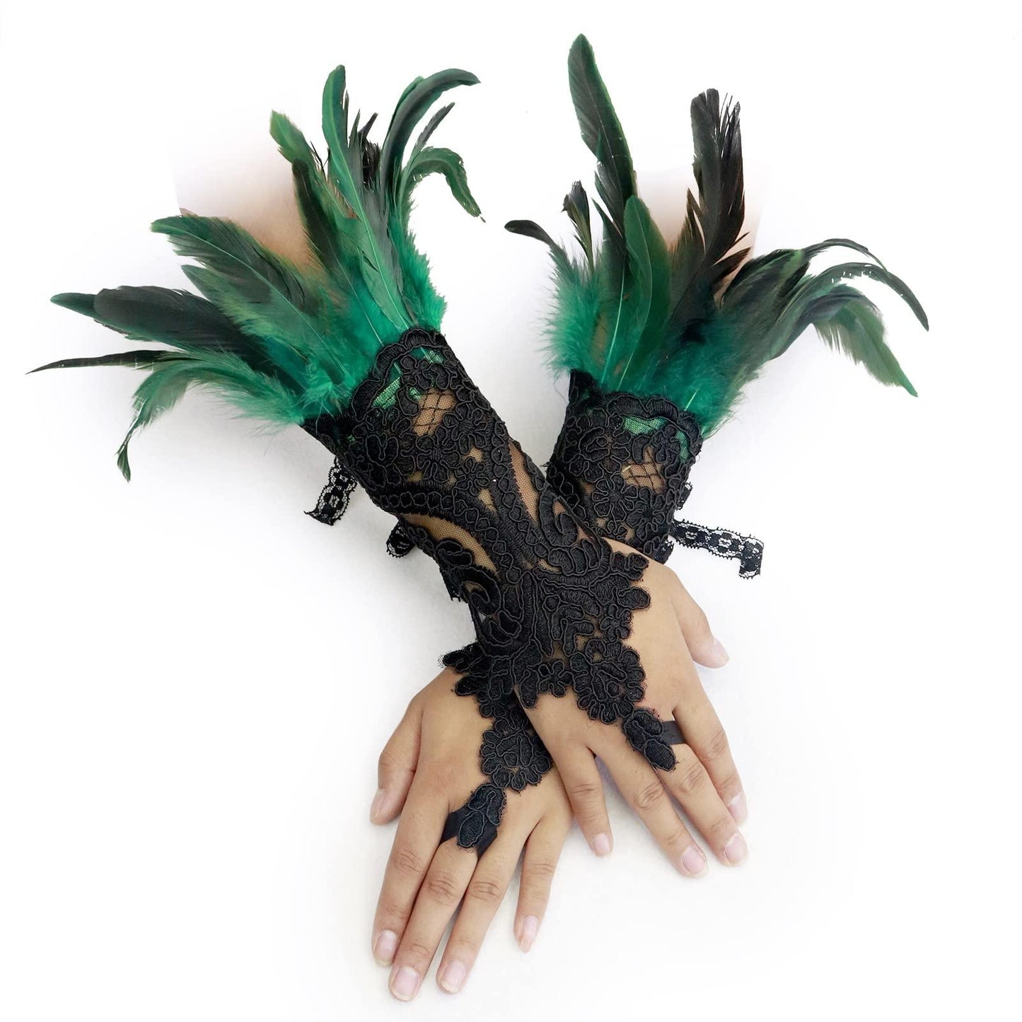 HOMELEX Women Black Lace Feather Gloves Witch Angel Costume Accessories Swan Wings Wrist Bands - HOMELEX