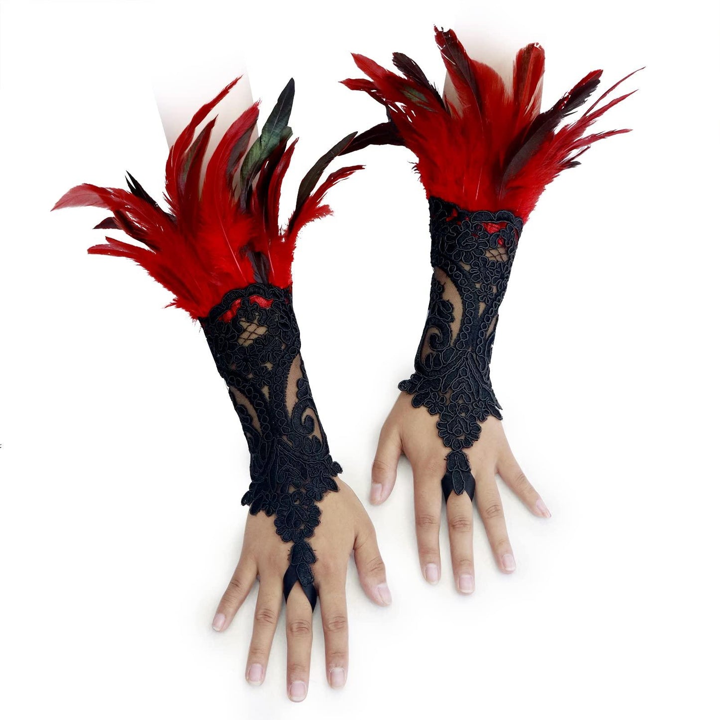 HOMELEX Women Black Lace Feather Gloves Witch Angel Costume Accessories Swan Wings Wrist Bands - HOMELEX