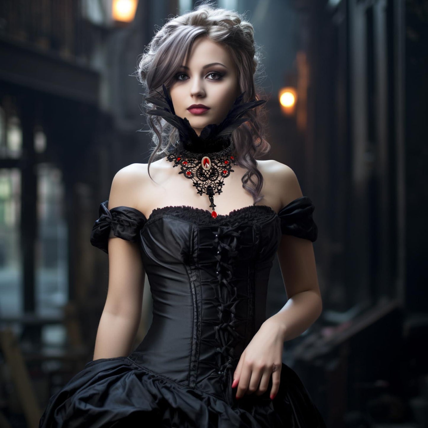 HOMELEX Gothic Victorian Black Natural Feather Collar Choker Halloween Shawl Cape - HOMELEX