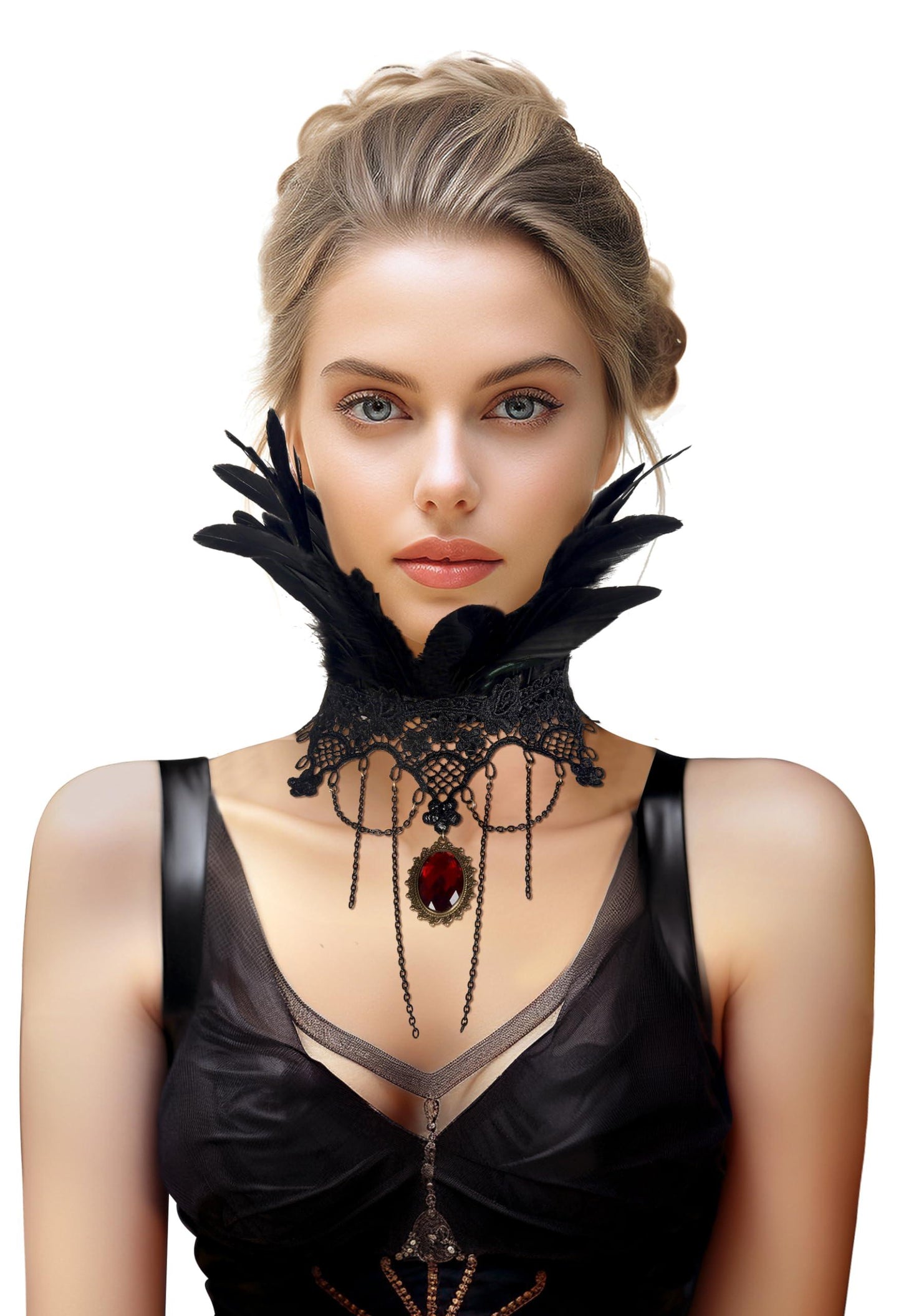 HOMELEX Gothic Victorian Black Natural Feather Collar Choker Halloween Shawl Cape - HOMELEX