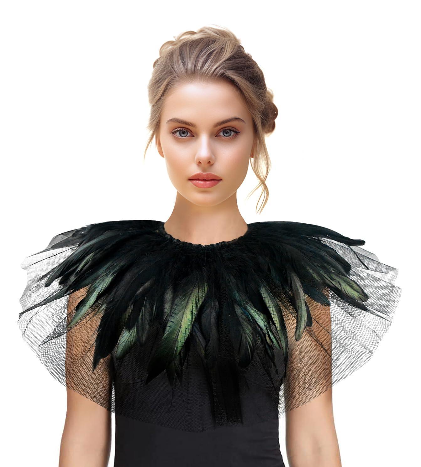 Feather Lace Shawl for Women - Gothic Feathers Crow Costume Witch Halloween Cape Accessories - HOMELEX