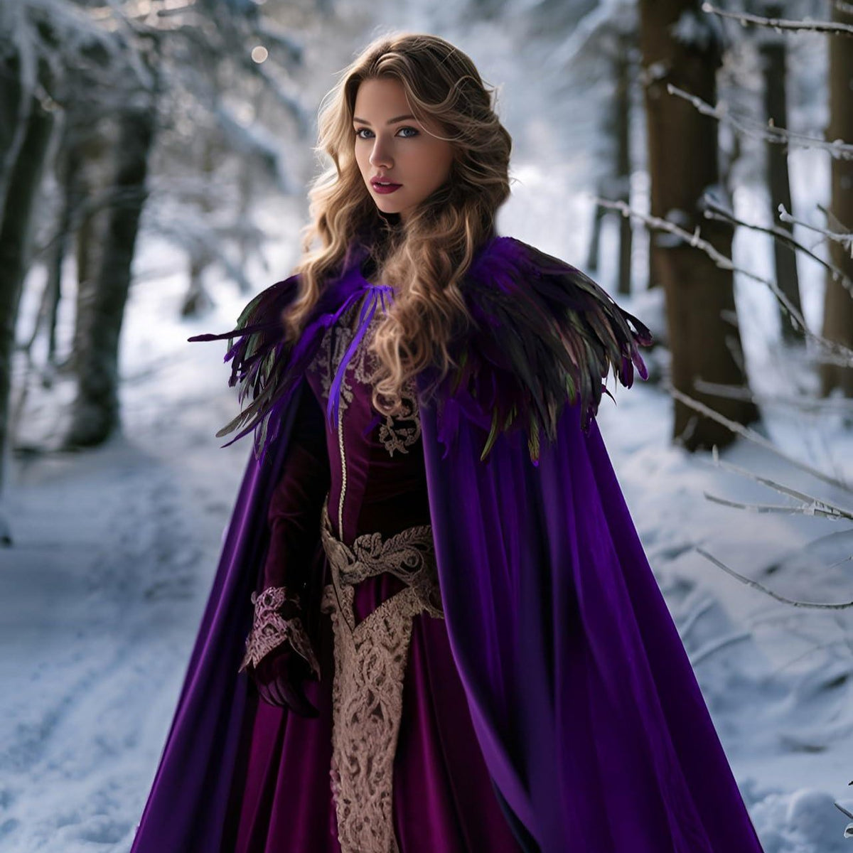 Purple velvet cape with dark feather shawl worn over a purple gown in a snowy forest (gown not included)