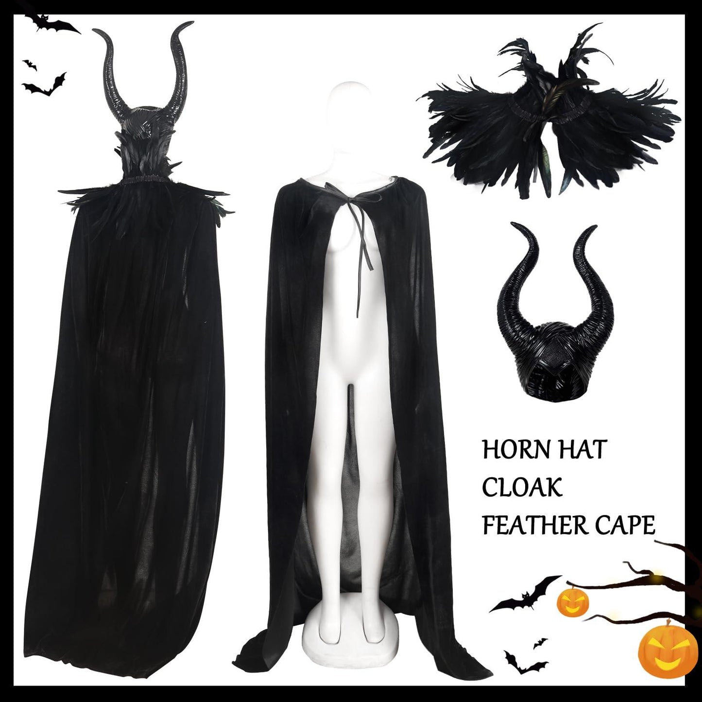HOMELEX Evil Queen Horns with Feather Cape Shawl Set Black Halloween Costume for Women - HOMELEX