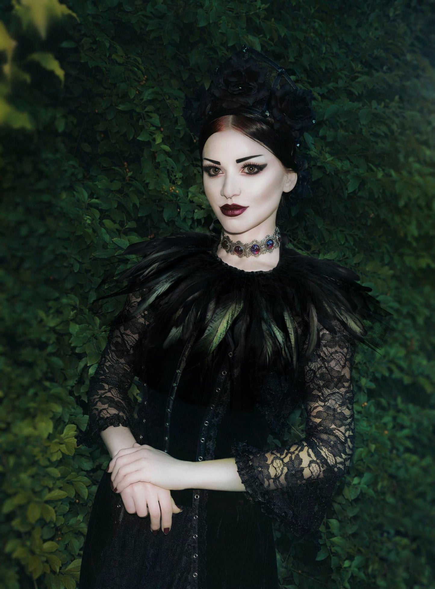 Feather Lace Shawl for Women - Gothic Feathers Crow Costume Witch Halloween Cape Accessories - HOMELEX