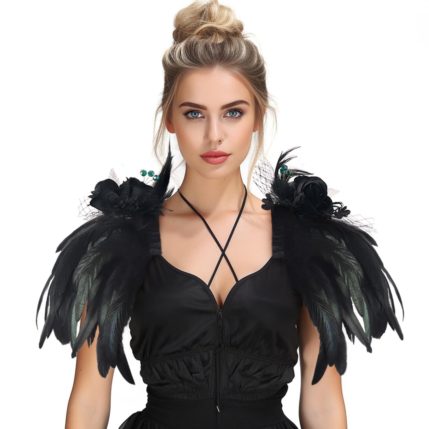 HOMELEX Shoulder Pad with Feathers Wings - Feather Harness Carnival Costumes for Women Masquerade Ball Raven Costume - HOMELEX