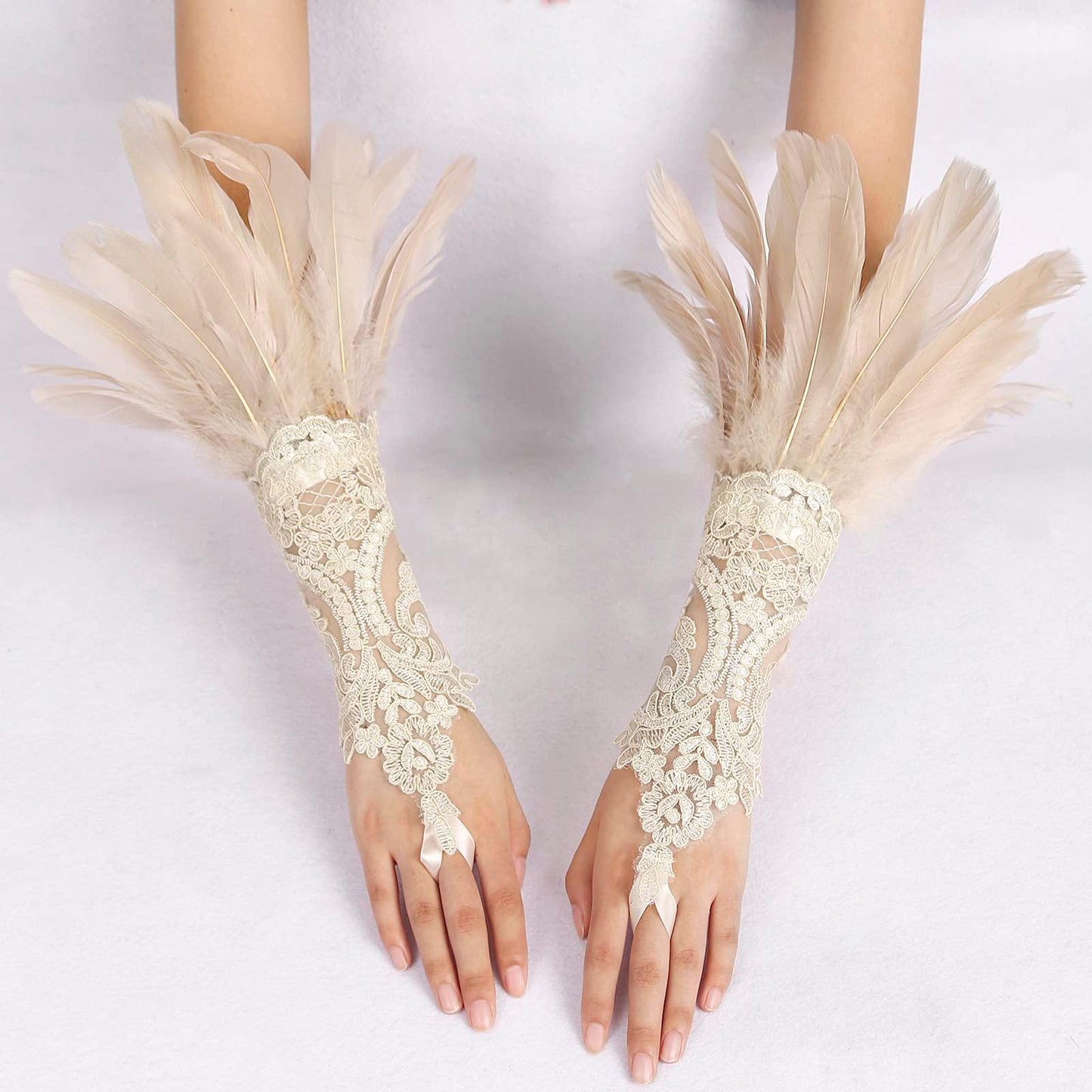 HOMELEX Women Black Lace Feather Gloves Witch Angel Costume Accessories Swan Wings Wrist Bands - HOMELEX