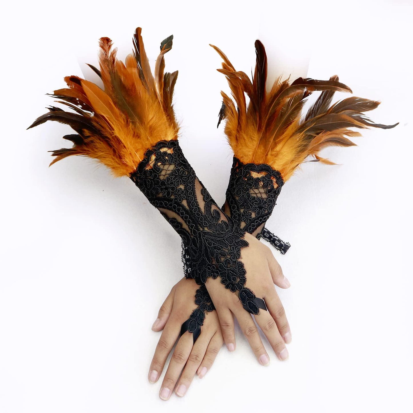 HOMELEX Women Black Lace Feather Gloves Witch Angel Costume Accessories Swan Wings Wrist Bands - HOMELEX