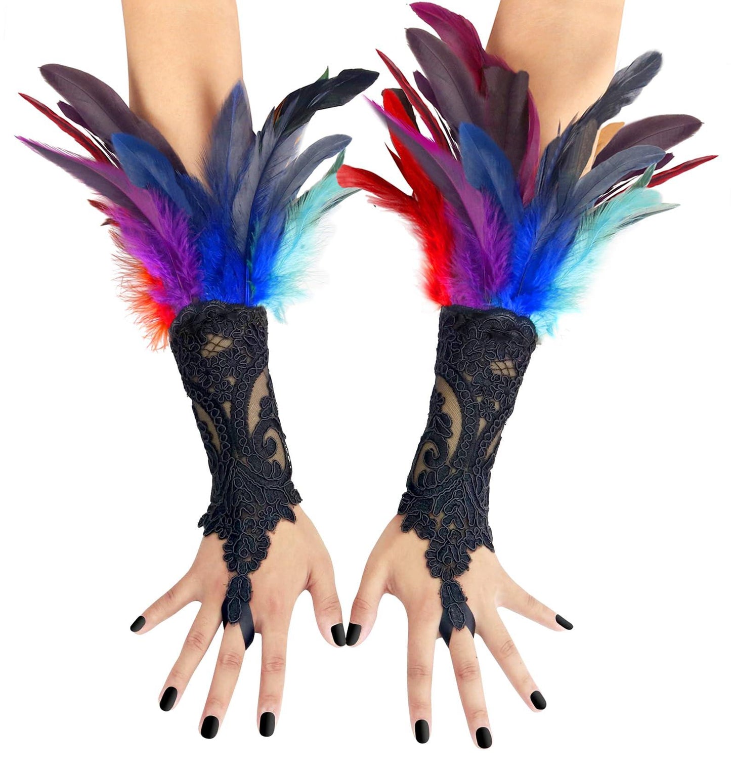 HOMELEX Women Black Lace Feather Gloves Witch Angel Costume Accessories Swan Wings Wrist Bands - HOMELEX