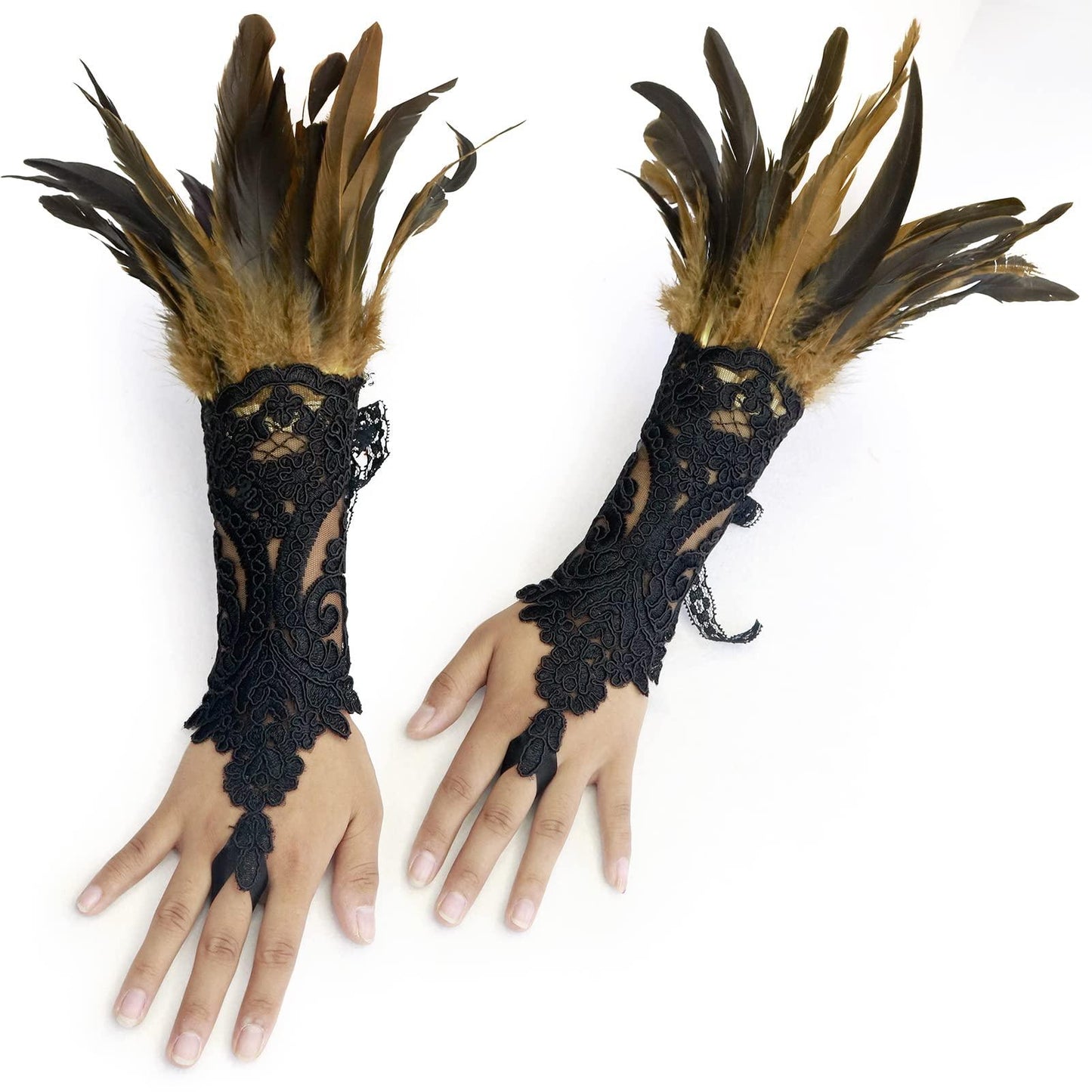 HOMELEX Women Black Lace Feather Gloves Witch Angel Costume Accessories Swan Wings Wrist Bands - HOMELEX