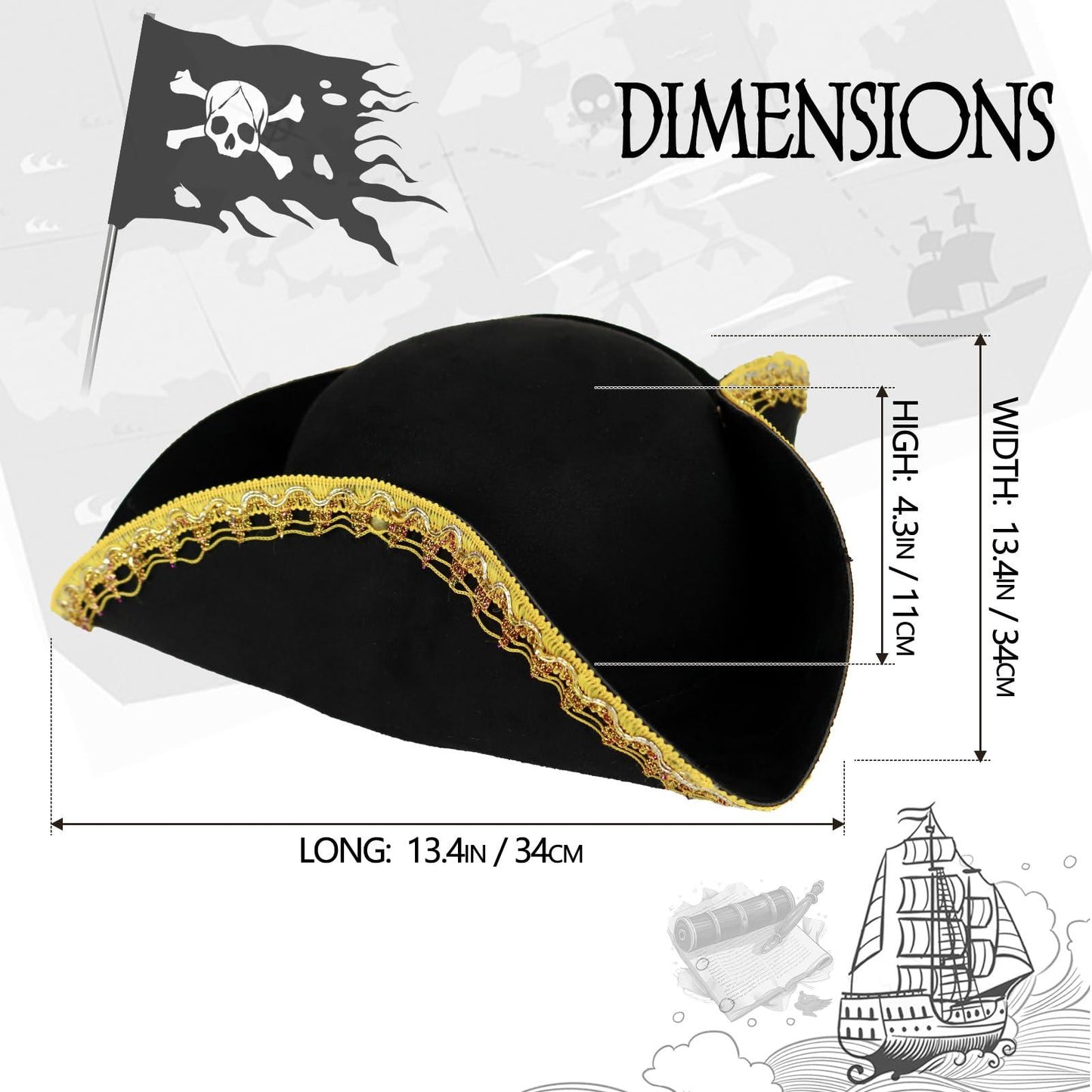 HOMELEX Pirate Hat for Women & Men Colonial Tricorn Halloween Adult Revolutionary war Costume Accessory - HOMELEX