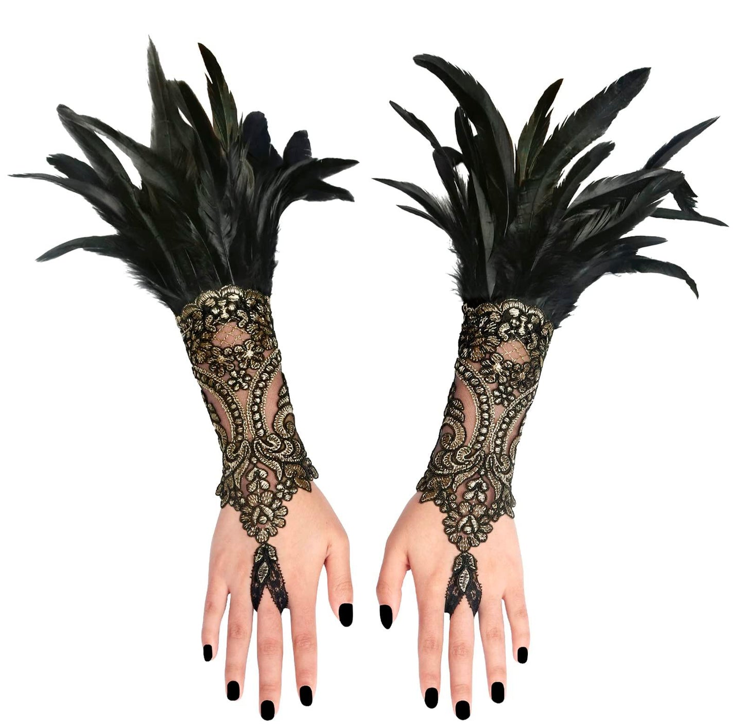 HOMELEX Women Black Lace Feather Gloves Witch Angel Costume Accessories Swan Wings Wrist Bands - HOMELEX