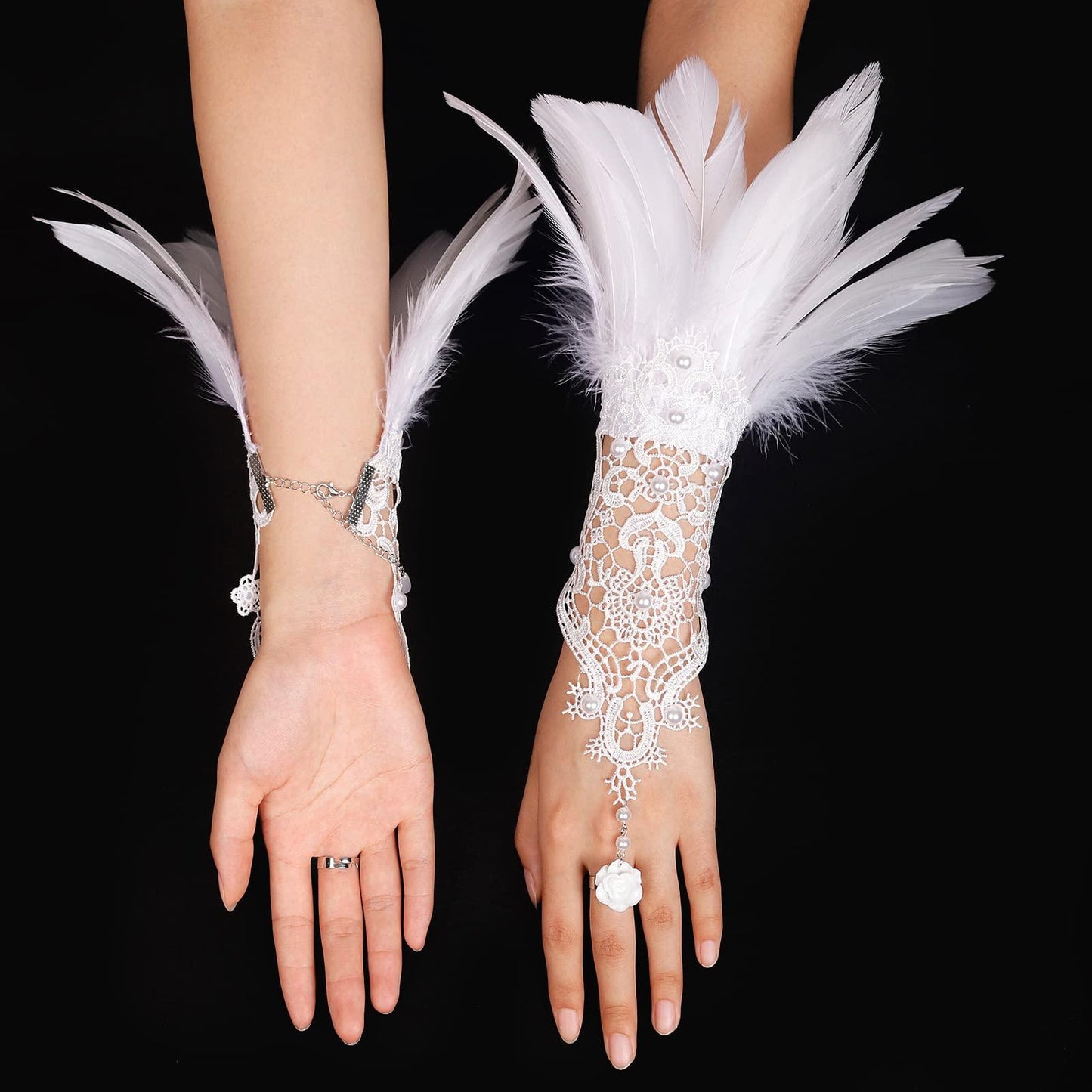 HOMELEX Women Black Lace Feather Gloves Witch Angel Costume Accessories Swan Wings Wrist Bands - HOMELEX