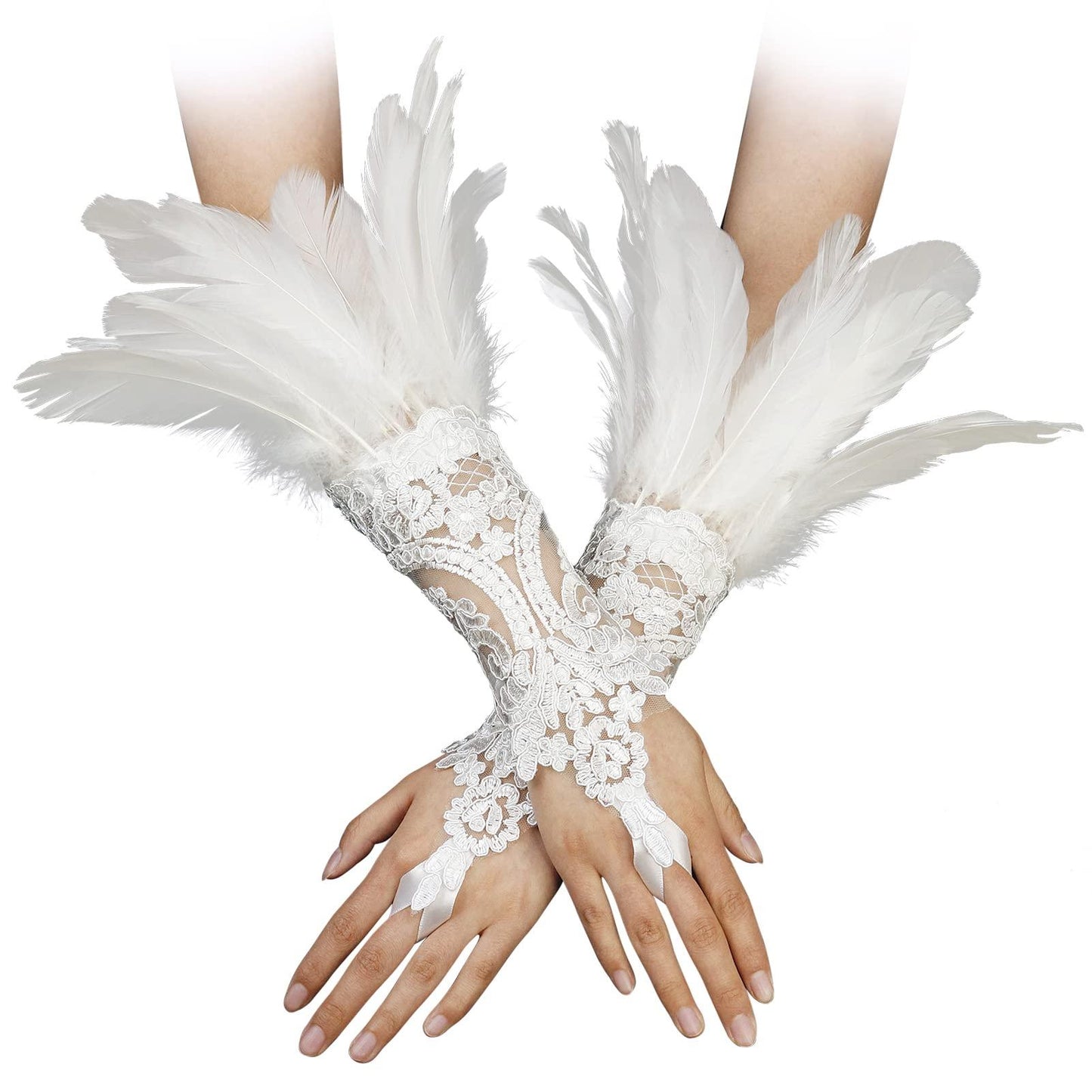 HOMELEX Women Black Lace Feather Gloves Witch Angel Costume Accessories Swan Wings Wrist Bands - HOMELEX