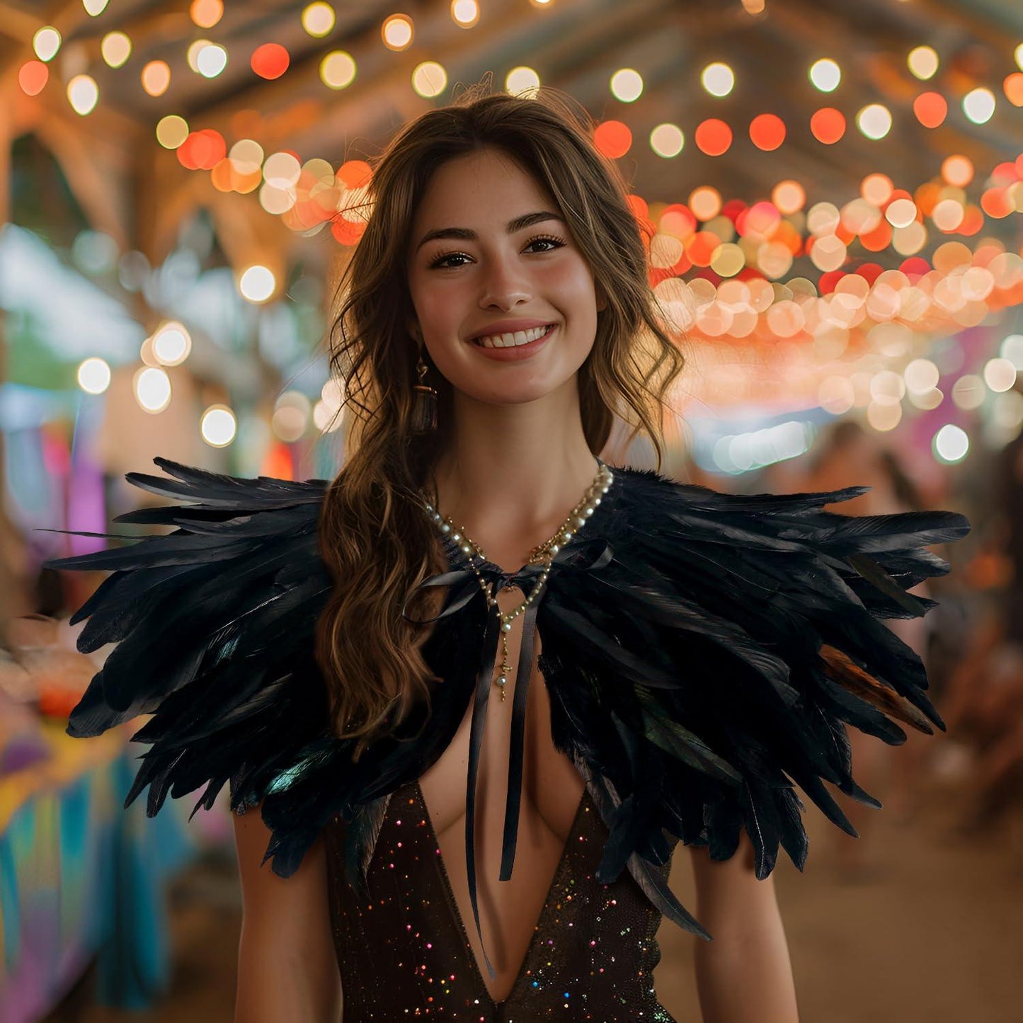 HOMELEX Black Witch Feather Collar Crow Shawl Costume Halloween Swan Wings Accessories Cape for Women - HOMELEX