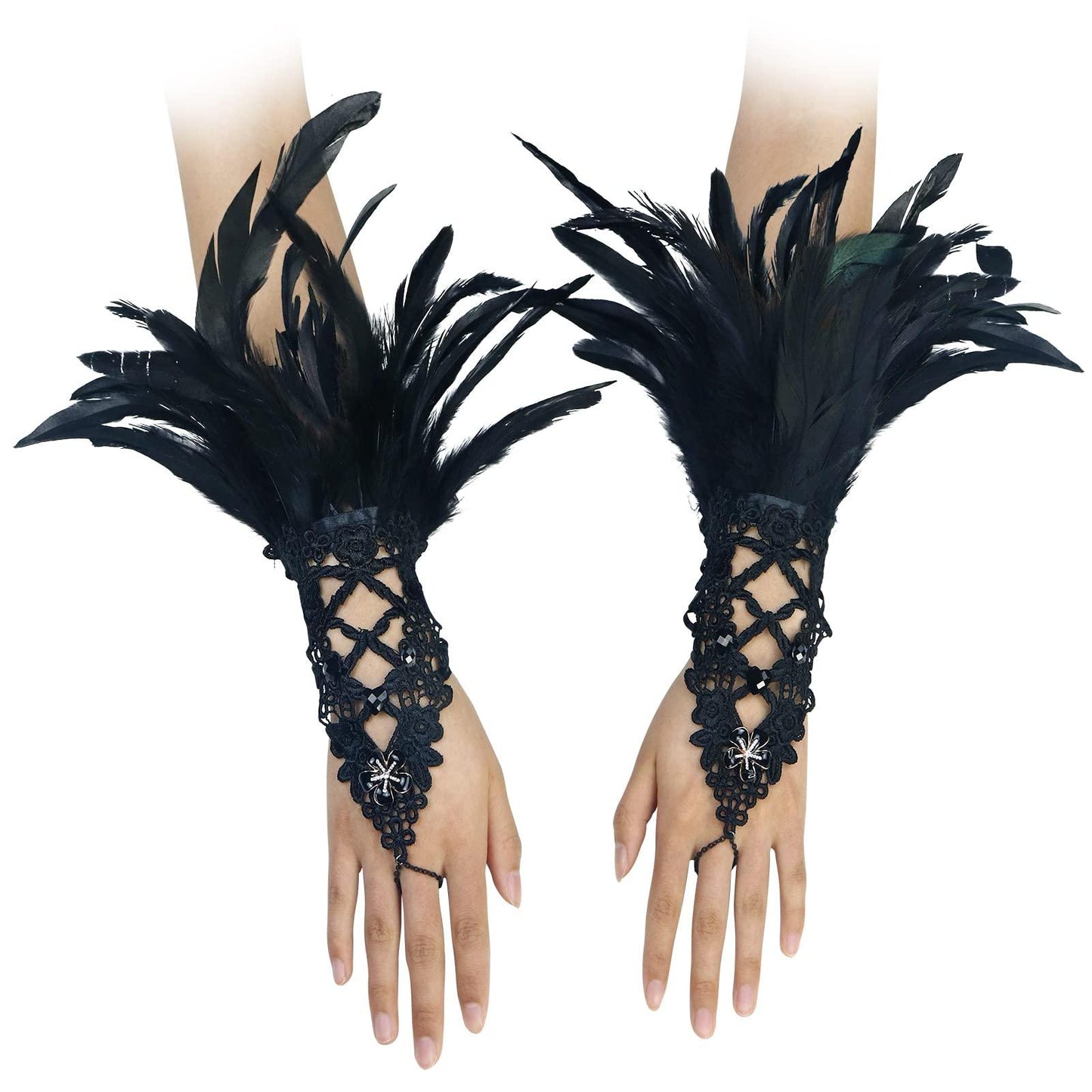 HOMELEX Women Black Lace Feather Gloves Witch Angel Costume Accessories Swan Wings Wrist Bands - HOMELEX