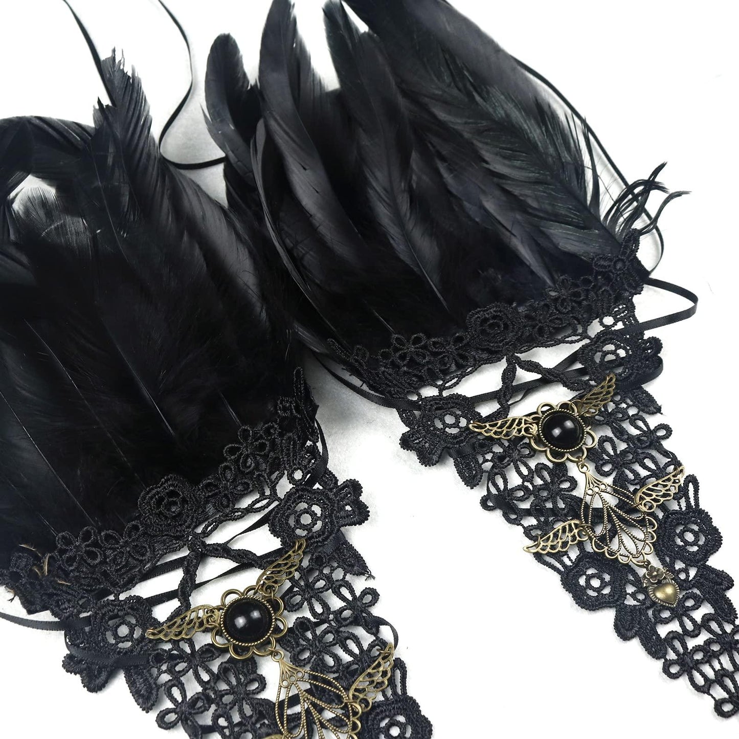 HOMELEX Women Black Lace Feather Gloves Witch Angel Costume Accessories Swan Wings Wrist Bands - HOMELEX