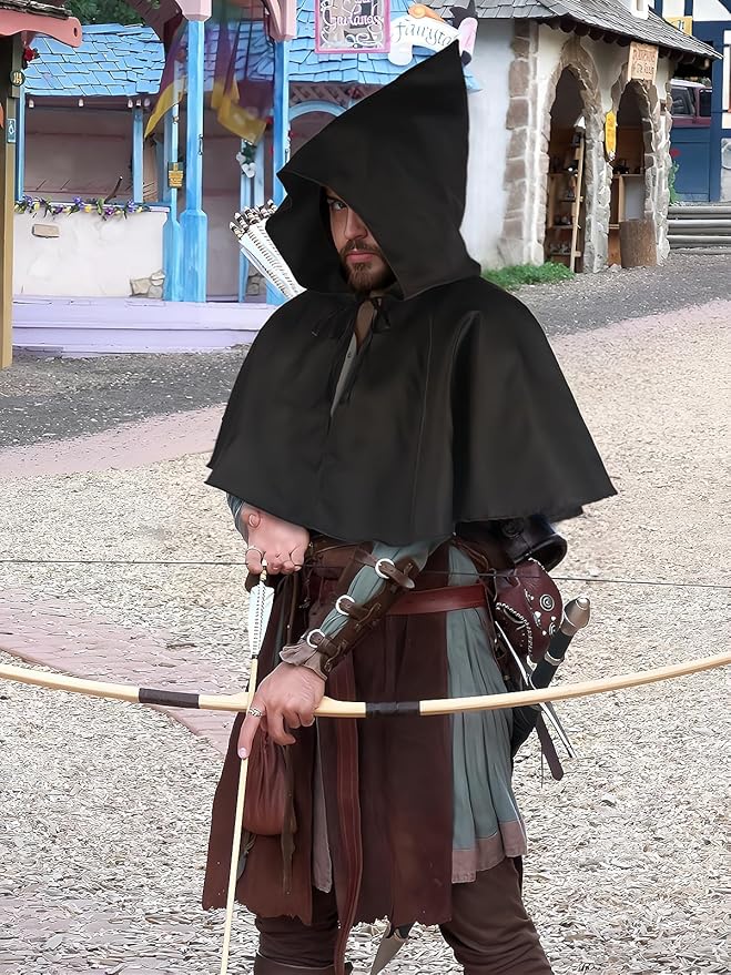 HOMELEX Black Cloak with Hood - Medieval Hooded Cape Renaissance Grim Cowl Halloween Costume for Adult