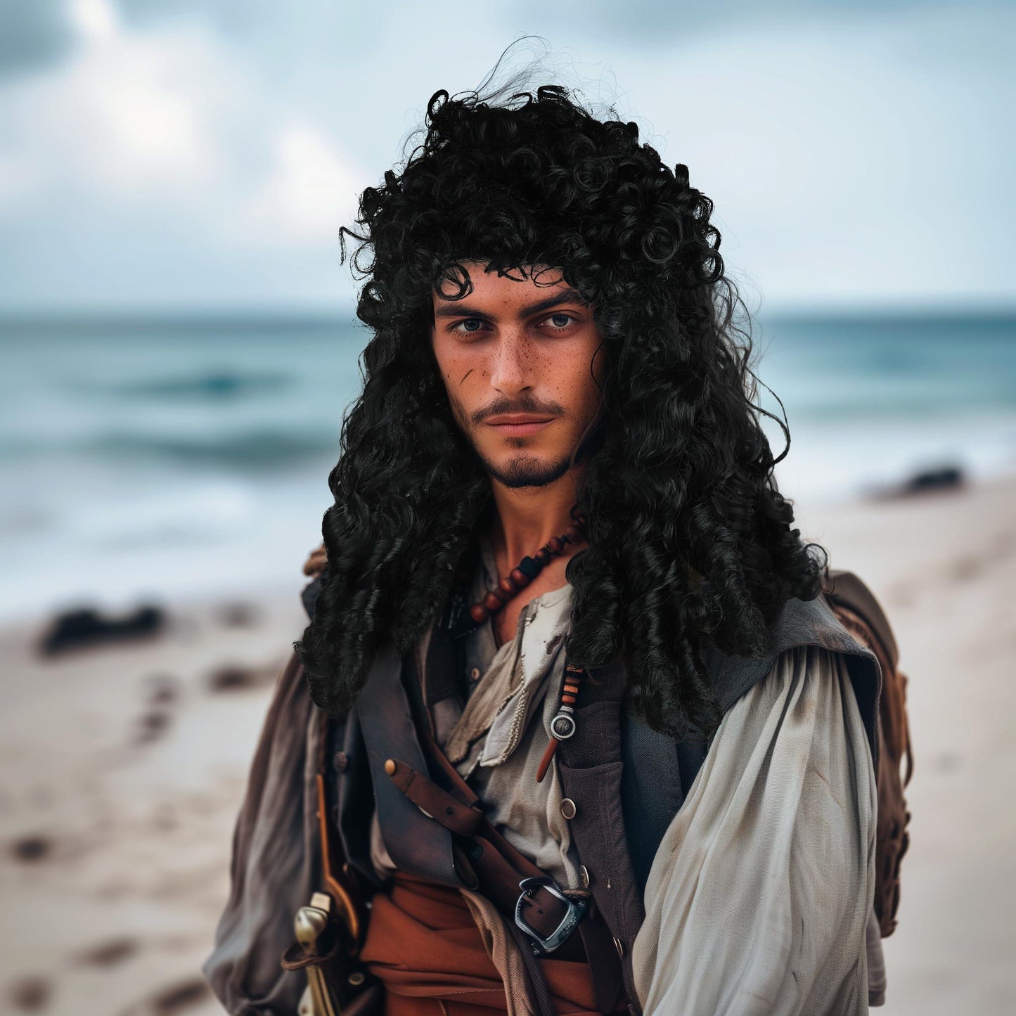 HOMELEX Pirate Wig Long Black Wavy Curly Captain Halloween Punk Rock adult Cosplay - HOMELEX