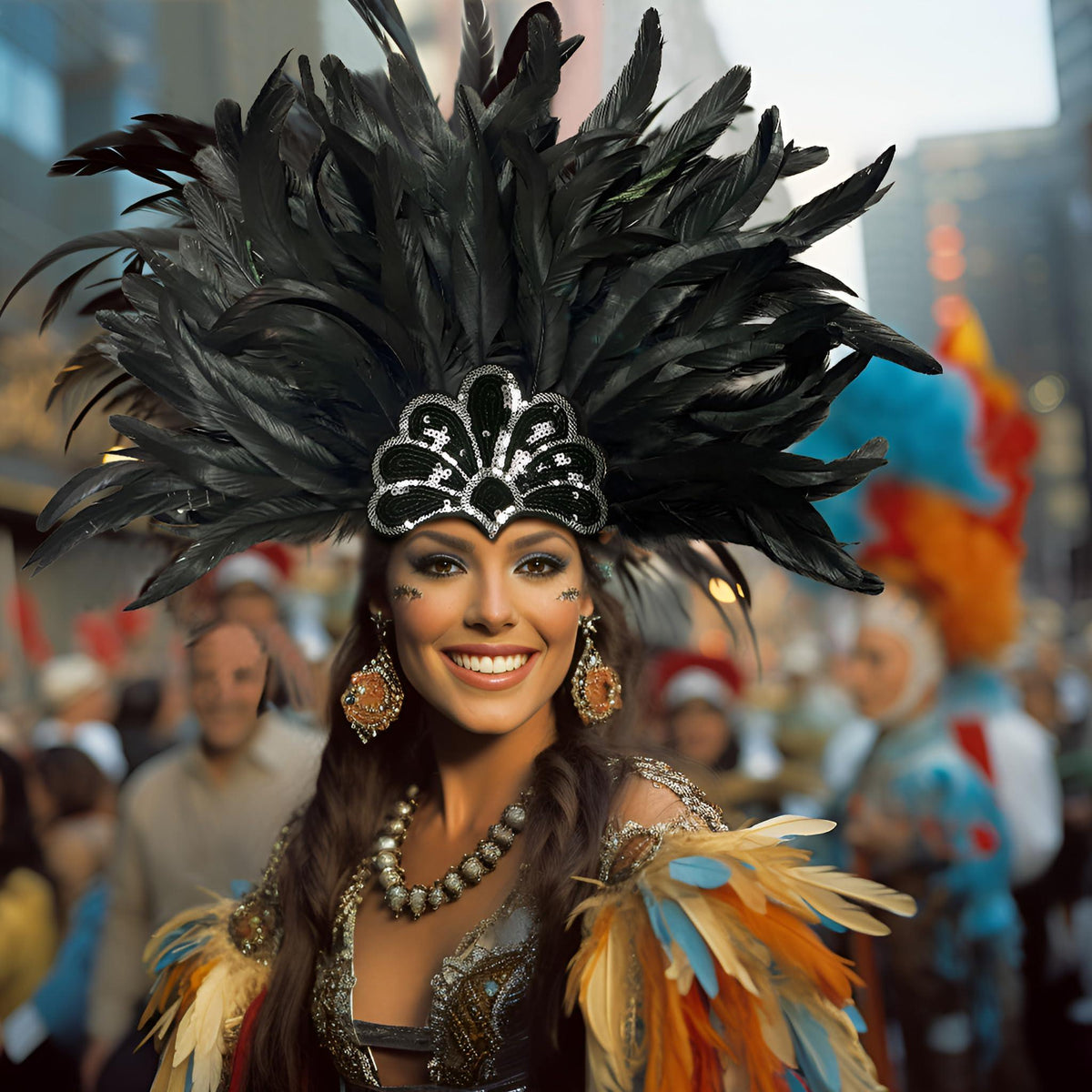 Black feather carnival headpiece with a sequin shell worn at a street parade