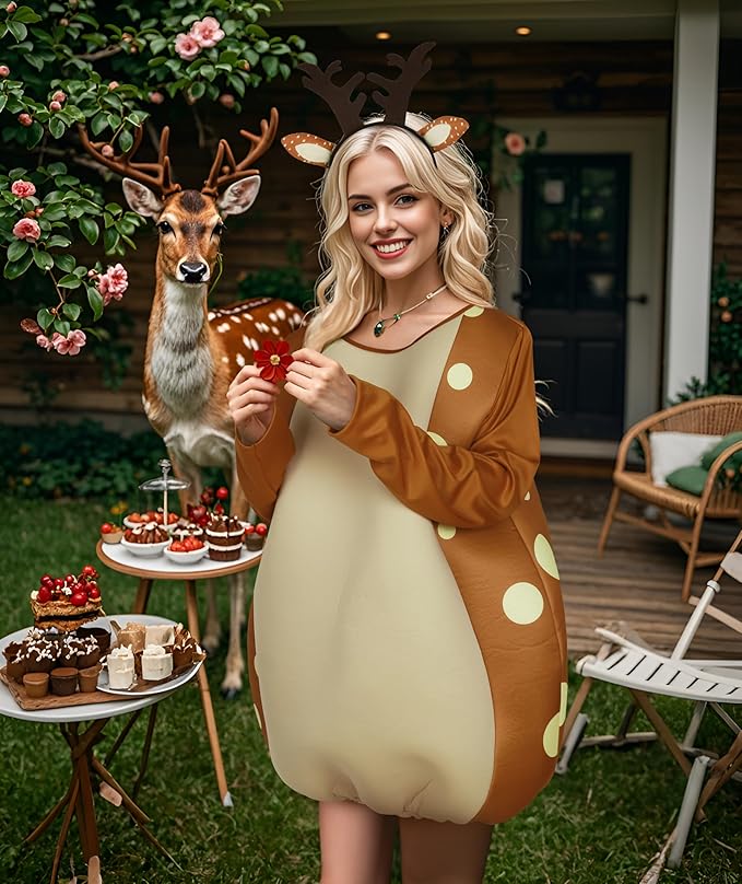 HOMELEX Brown Deer Costume Unisex Adult Woman Halloween Animals Jumpsuit One-Piece with Deer Hair Bands