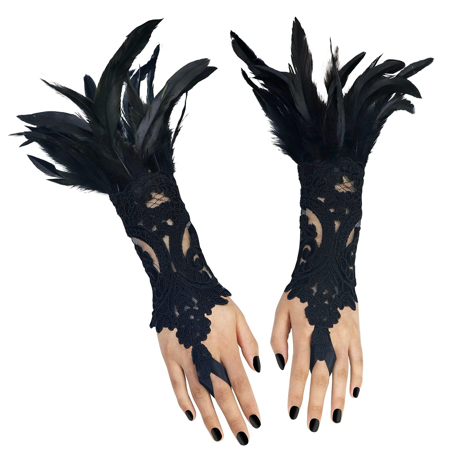 HOMELEX Black Feather Cape Collar with 2 Pack Feather Lace Long Gloves Witch Halloween Costume for Women - HOMELEX