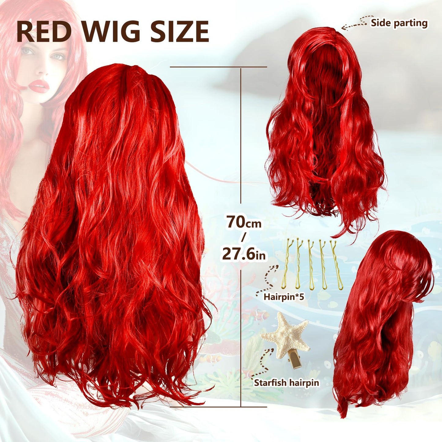 HOMELEX Red Mermaid Wave Wig with Curly Starfish Clips - Women's Halloween Hair Costume - HOMELEX