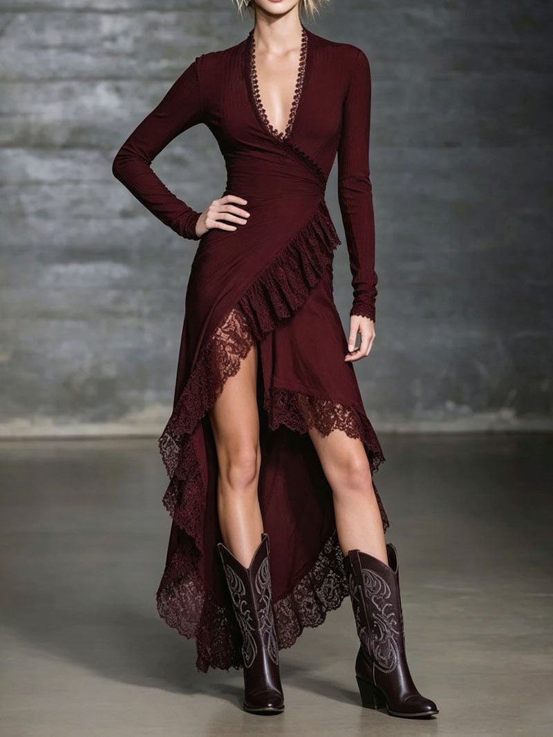 Burgundy lace ruffle wrap maxi dress, front detail