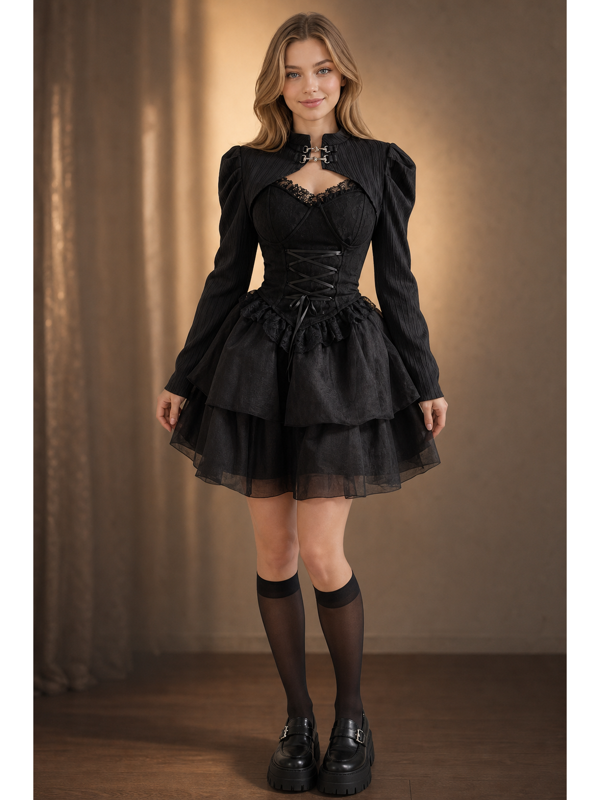 Black Gothic Corset Dress for Halloween lifestyle view 3