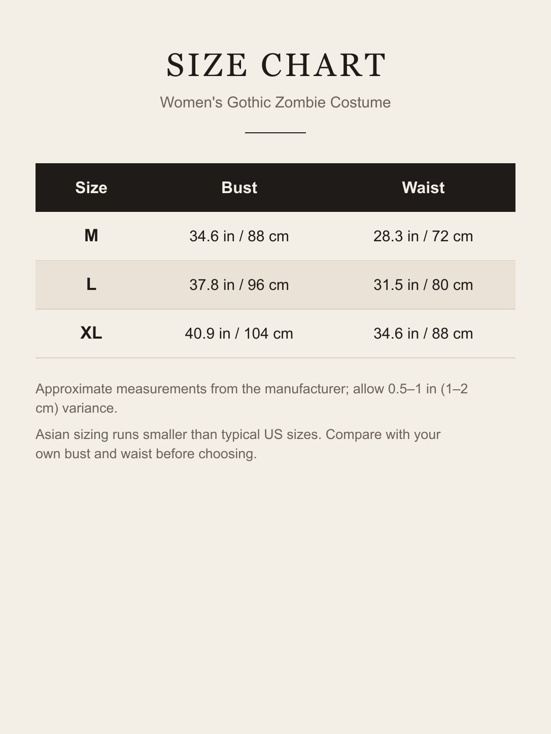 Size chart for the women's gothic zombie costume: bust and waist for M, L and XL in inches and centimeters