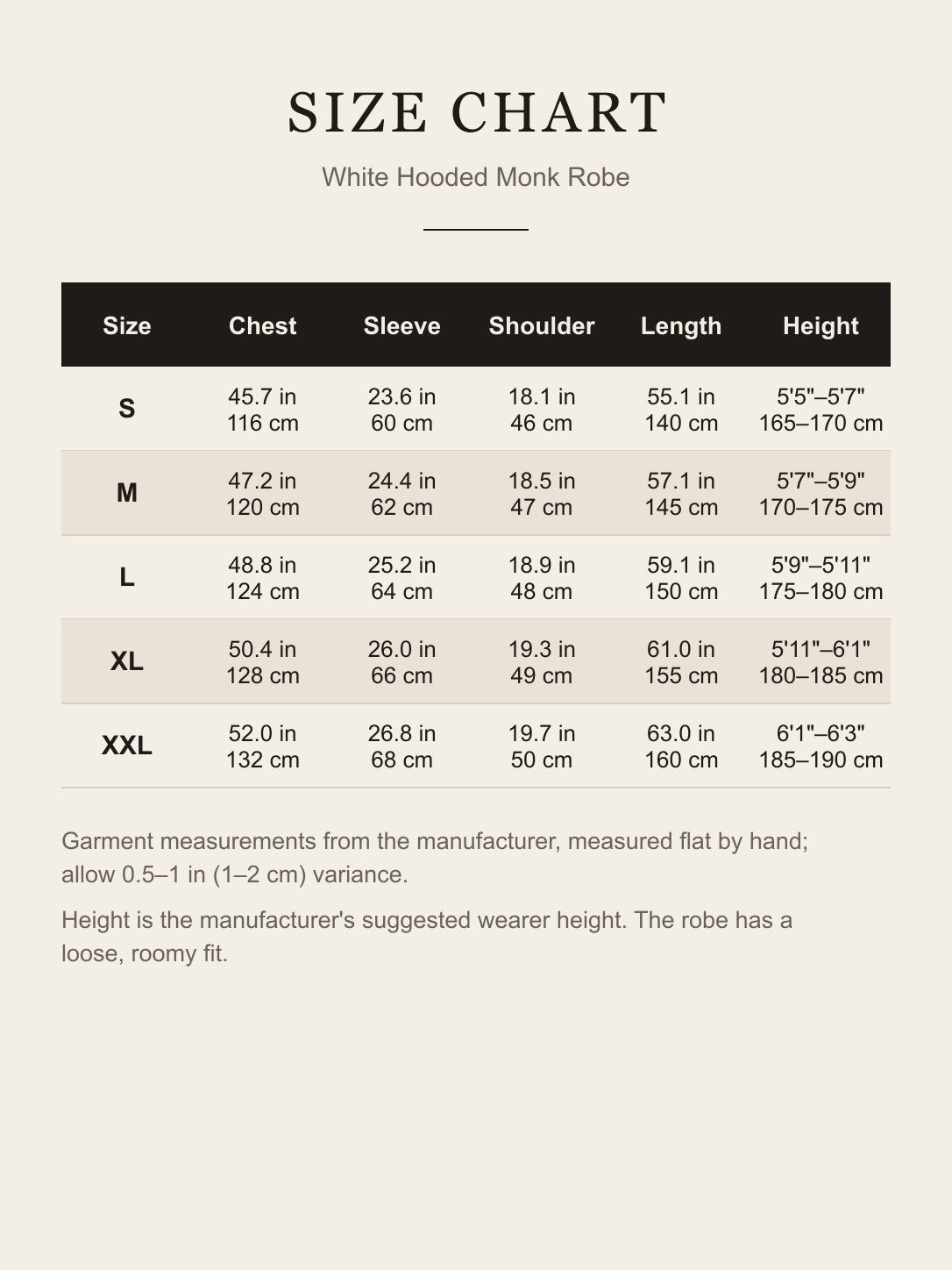 Size chart for the white hooded monk robe: chest, sleeve, shoulder, length and suggested height for S to XXL in inches and centimeters