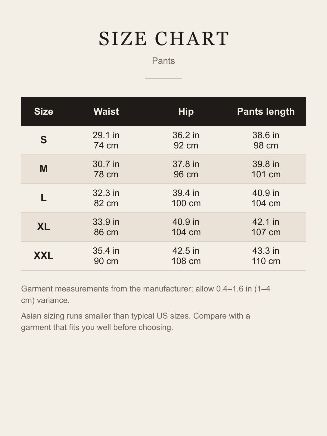 Size chart for the Yuji Itadori cosplay pants: waist, hip and pants length for S to XXL in inches and centimeters
