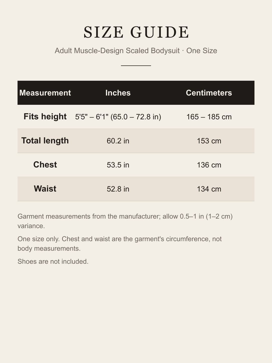 Size guide for the adult one-size scaled bodysuit: fits height 5'5"–6'1", length 60.2 in, chest 53.5 in, waist 52.8 in
