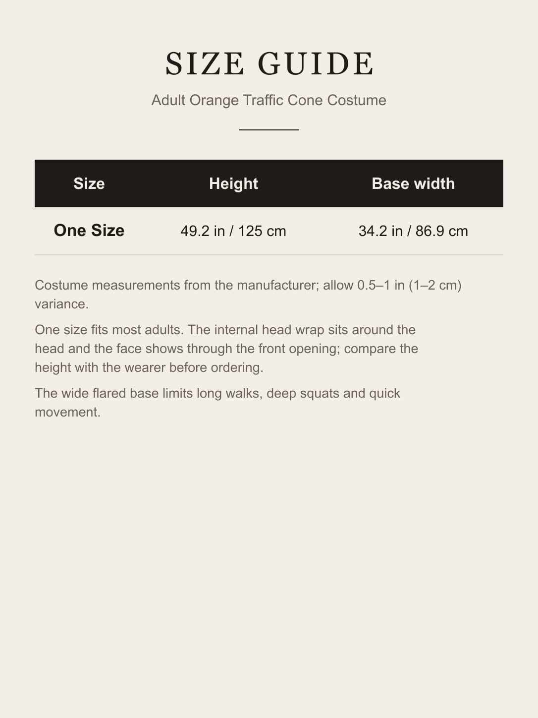 Size guide for the adult traffic cone costume: one size, 49.2 in (125 cm) tall, 34.2 in (86.9 cm) base width