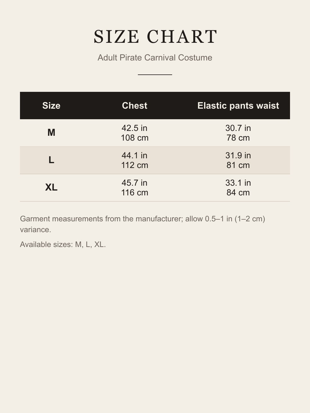 Size guide for the Adult Pirate Carnival Costume