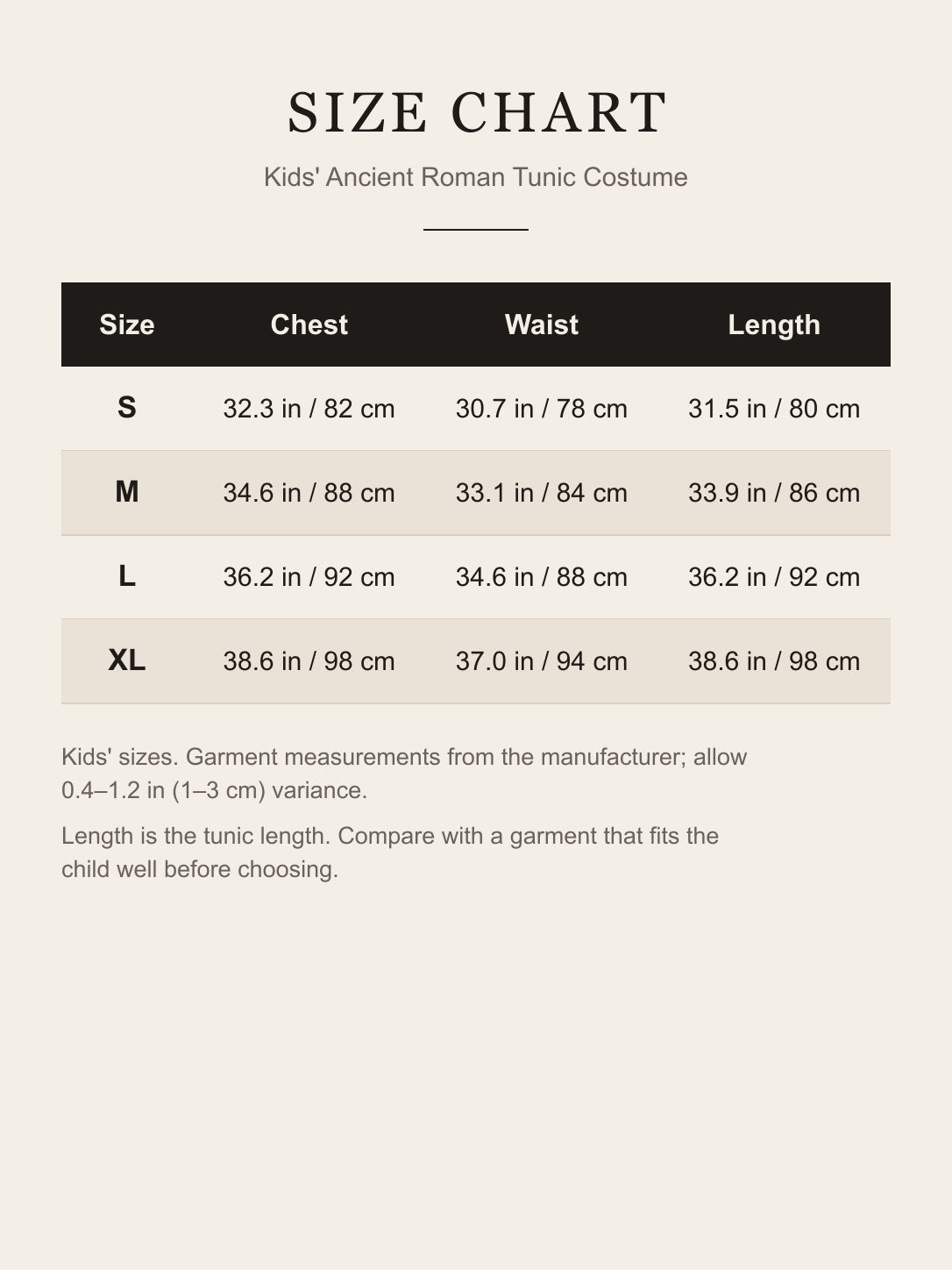 Size chart for the kids' ancient Roman tunic costume: chest, waist and length for S, M, L and XL in inches and centimeters
