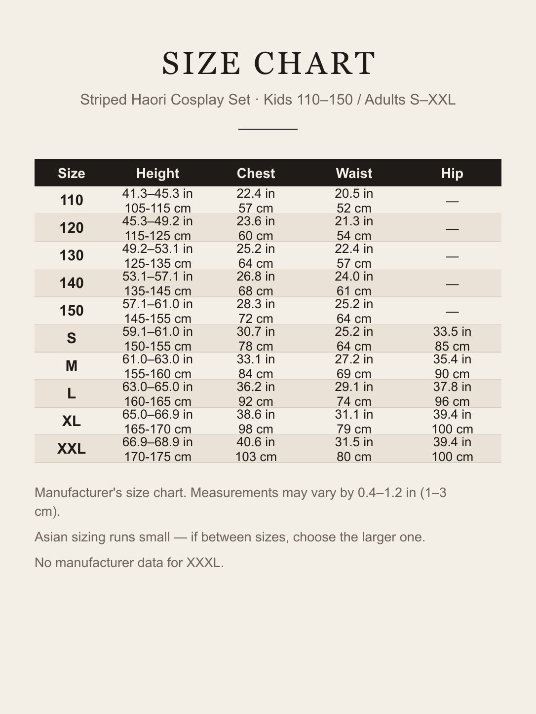 Size chart for the striped haori cosplay set, kids 110–150 and adults S–XXL, in inches and cm