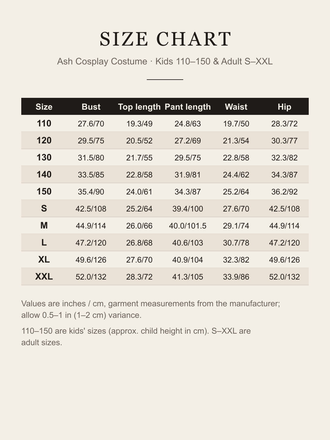 Ash cosplay costume size chart, kids 110–150 and adult S–XXL, inches and cm