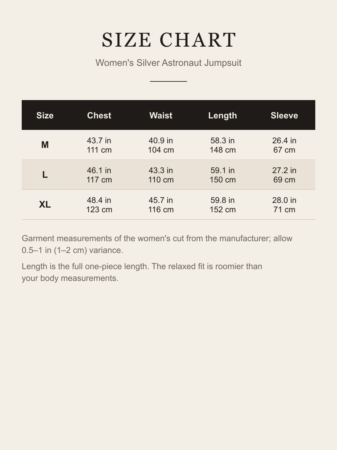 Size chart for the women's silver astronaut jumpsuit: chest, waist, length and sleeve for M, L and XL in inches and centimeters
