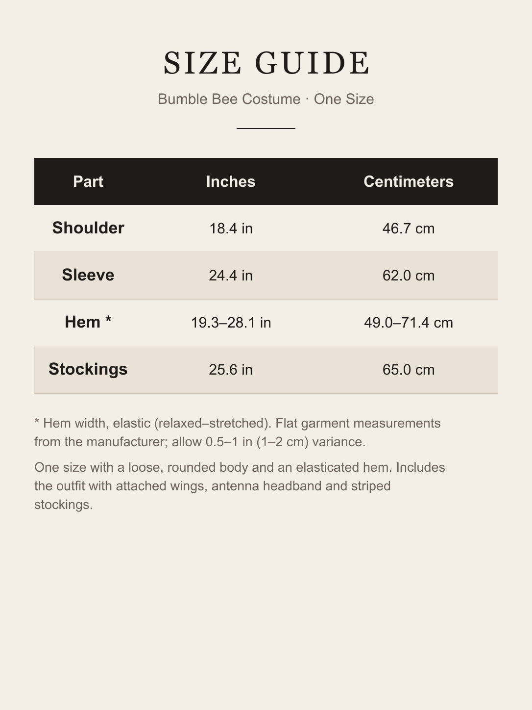 Size guide for the one-size bumble bee costume: shoulder, sleeve, hem and stocking length in inches and centimeters