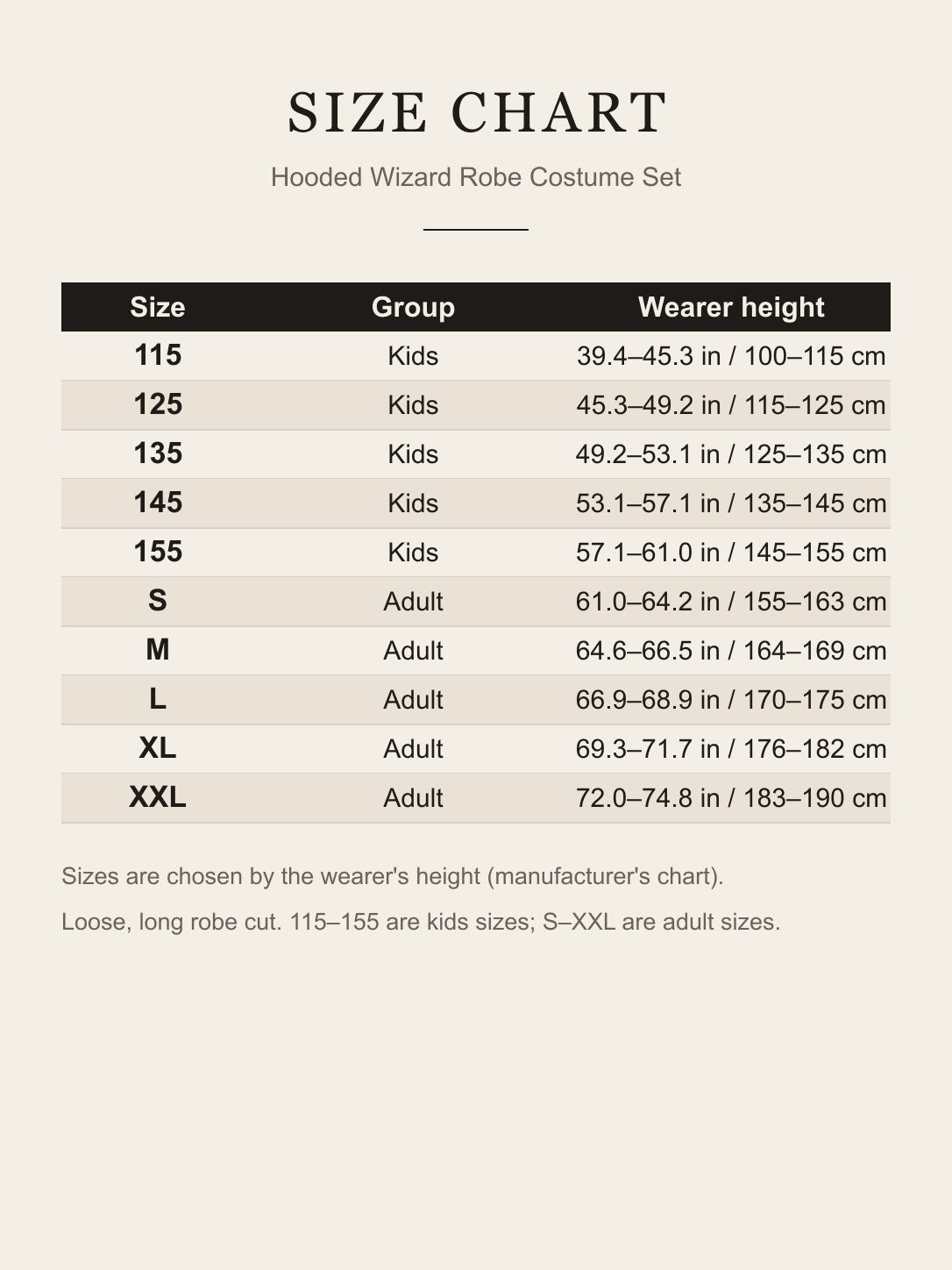 Size chart for the wizard robe costume set: kids sizes 115-155 and adult sizes S-XXL by wearer height in inches and cm