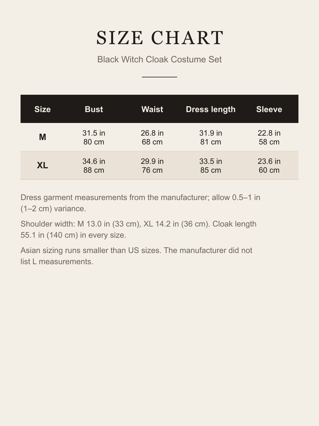 Size chart for the black witch cloak costume set: bust, waist, dress length and sleeve for M and XL in inches and centimeters