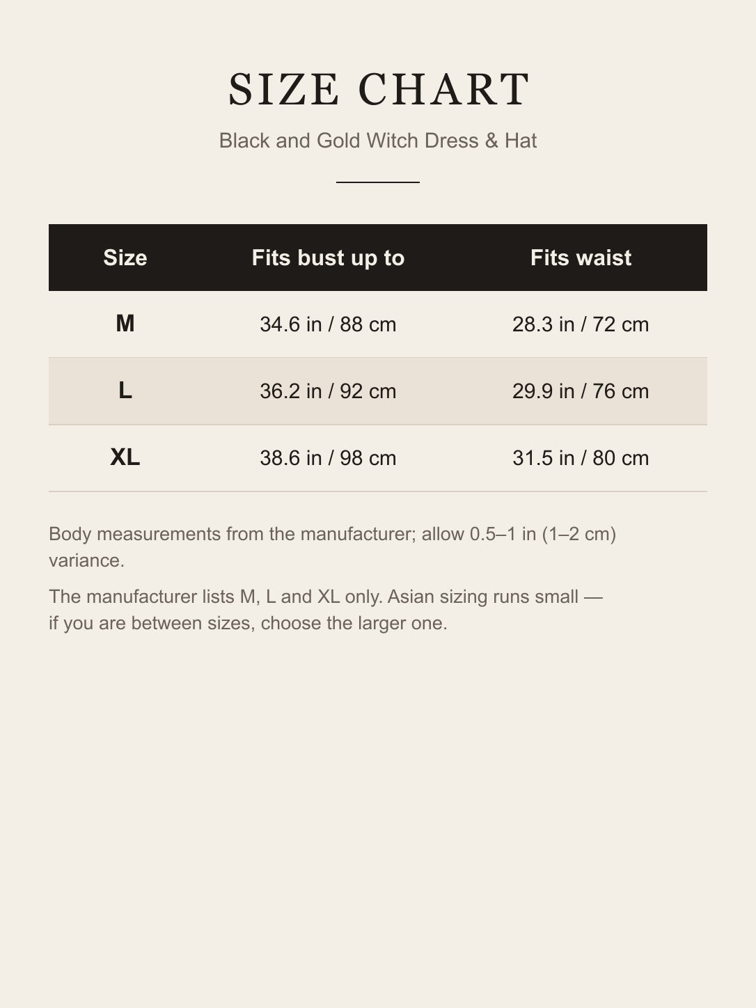 Size chart for the black and gold witch costume: M, L and XL bust and waist measurements in inches and cm