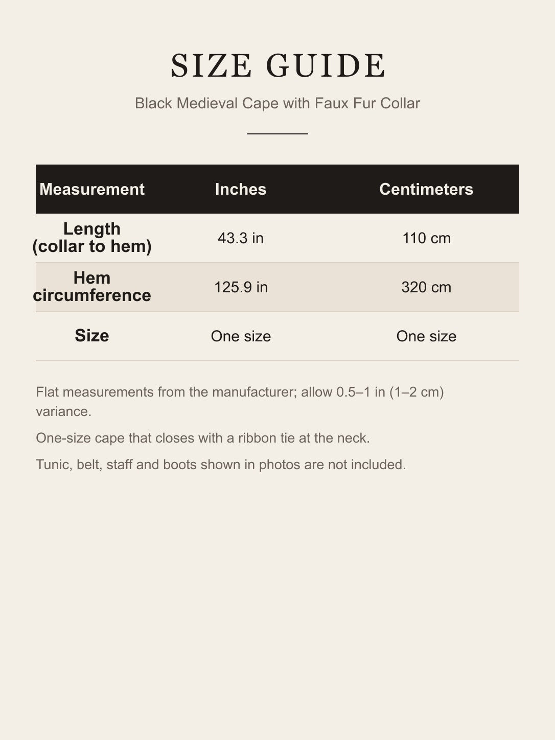 Size guide for the black medieval fur collar cape: 43.3 in (110 cm) long, 125.9 in (320 cm) hem, one size